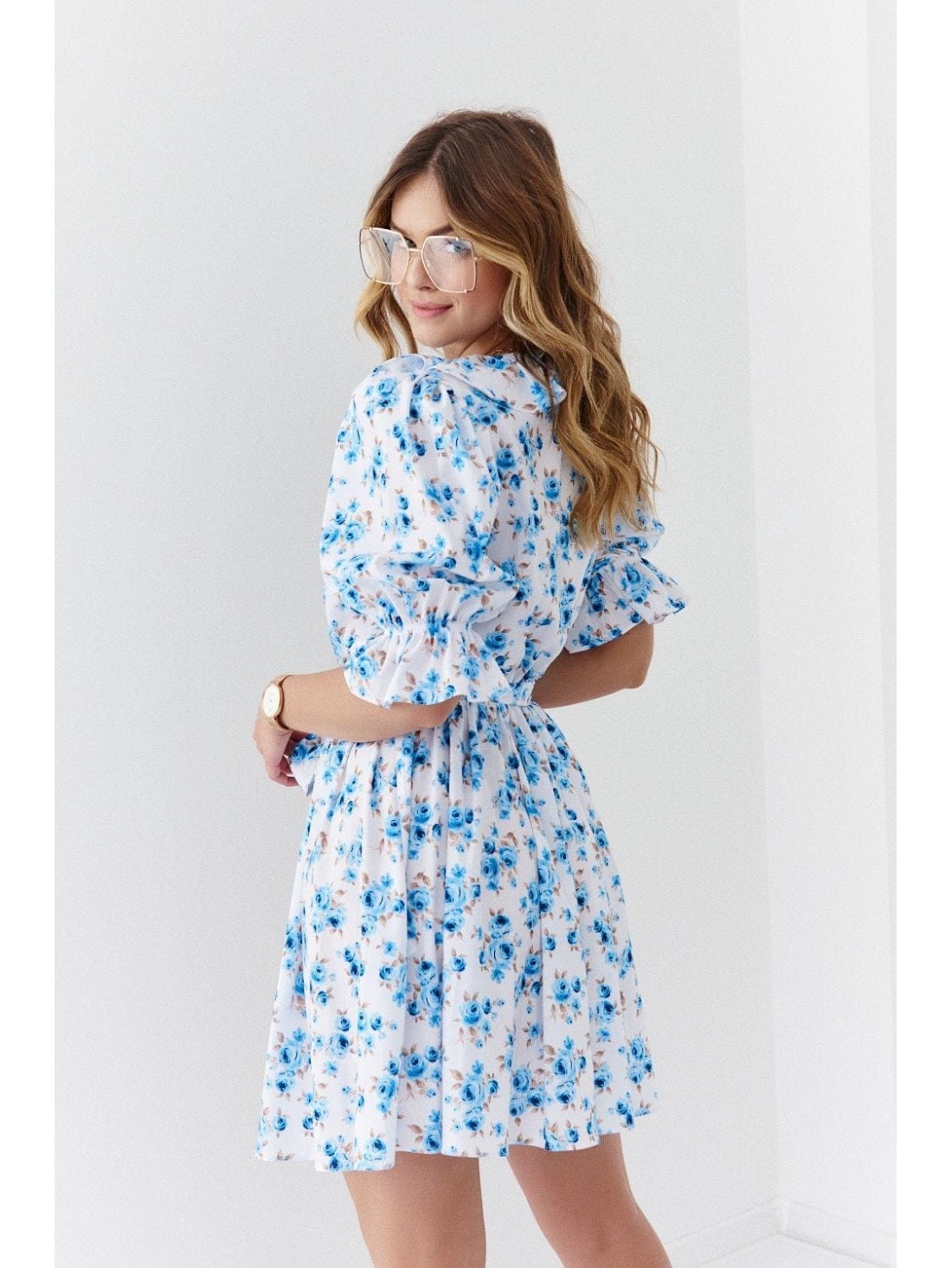 Floral dress with a ruffle at the neckline, white and blue 30360 - Online store - Boutique